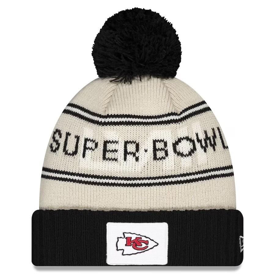 Kansas City Chiefs Men’s New Era Super Bowl LVIII Cream Cuffed Pom Knit Hat