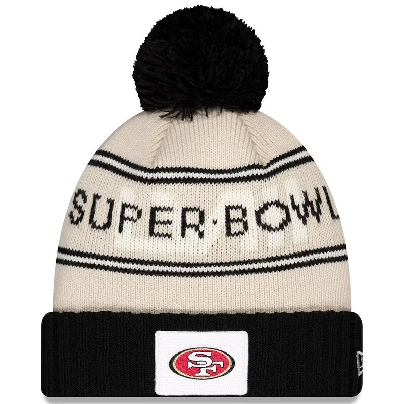 San Francisco 49ers Men’s New Era Super Bowl LVIII Cream Cuffed Pom Knit Hat