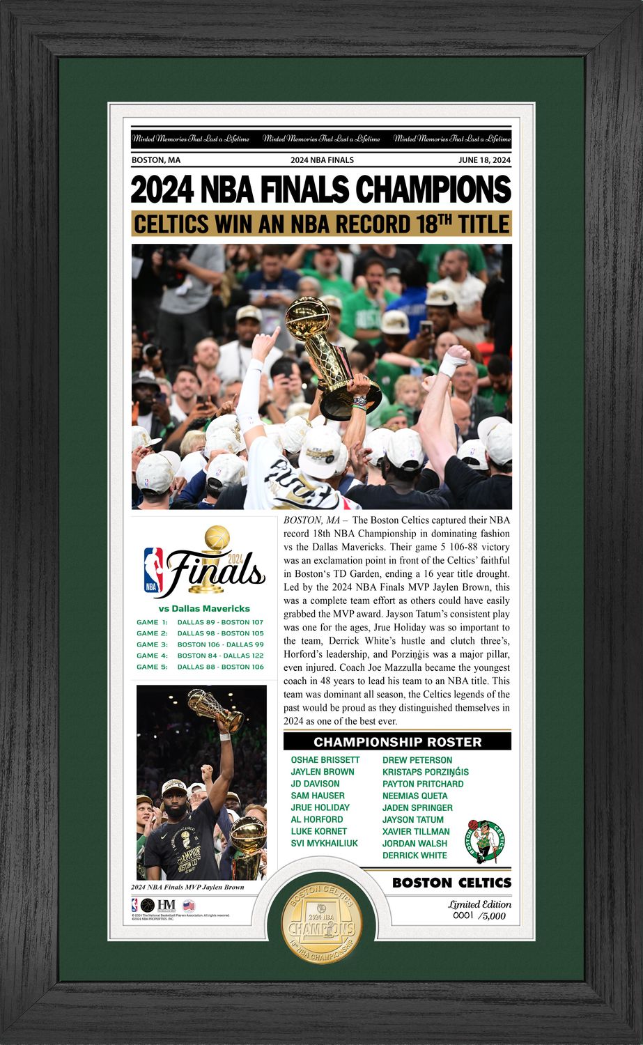 Boston Celtics 2024 Finals Champions Front Page News Bronze Coin Photo Mint