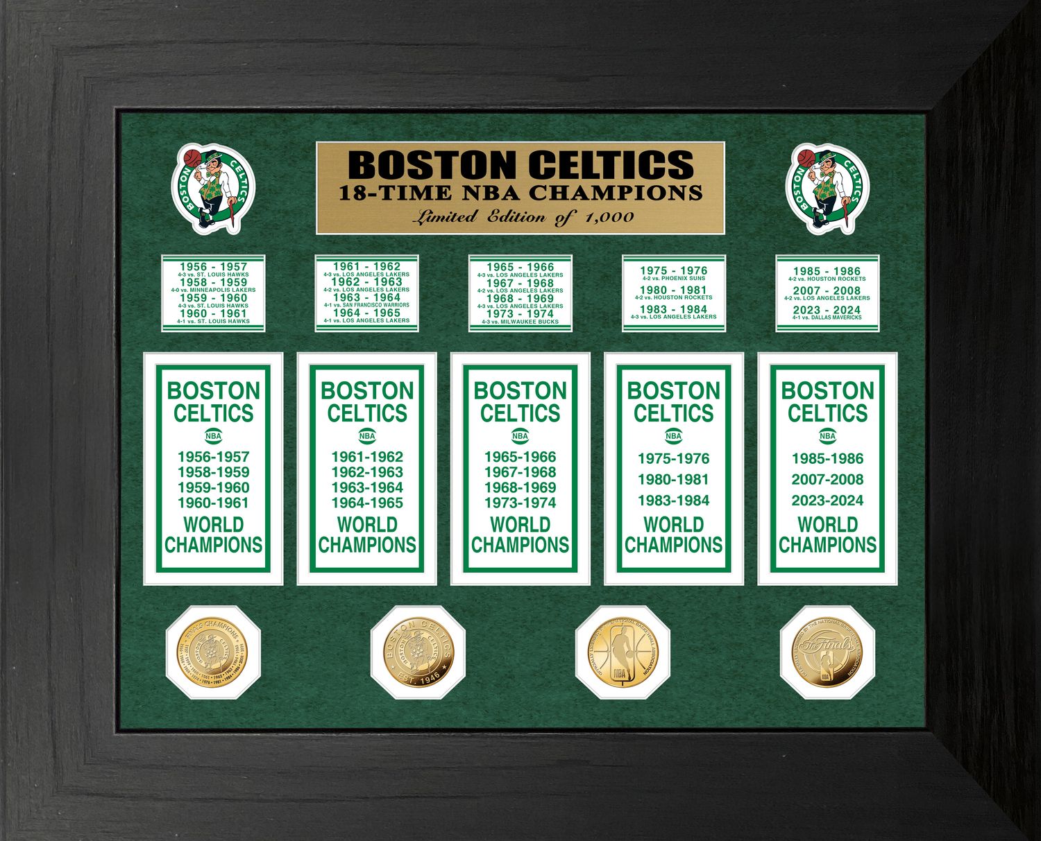 Boston Celtics Deluxe 18-Time NBA Champions Banner Collection Gold Coin Photo Mint