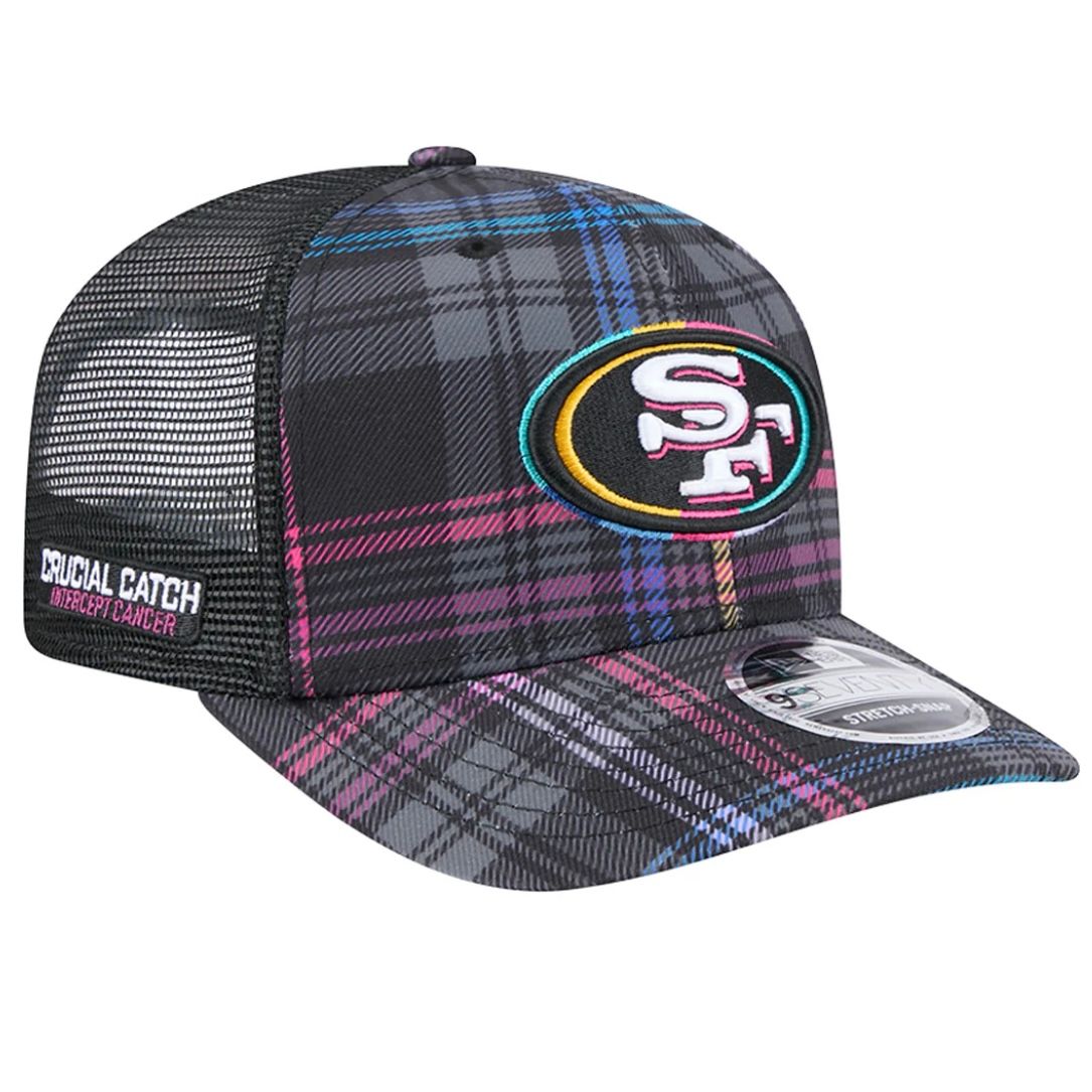 San Francisco 49ers Men’s New Era Black 2024 NFL Crucial Catch Plaid 9SEVENTY Trucker Snapback Hat