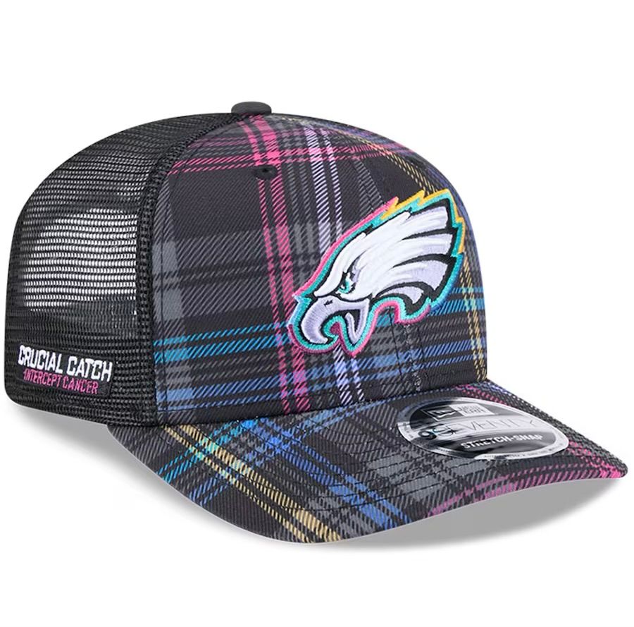 Philadelphia Eagles Men’s New Era Black 2024 NFL Crucial Catch Plaid 9SEVENTY Trucker Snapback Hat