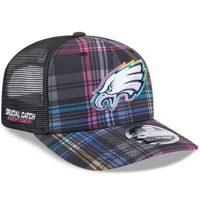 Philadelphia Eagles Men’s New Era Black 2024 NFL Crucial Catch Plaid 9SEVENTY Trucker Snapback Hat