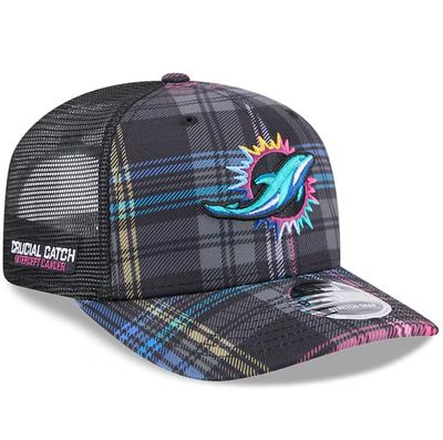 Miami Dolphins Men’s New Era Black 2024 NFL Crucial Catch Plaid 9SEVENTY Trucker Snapback Hat
