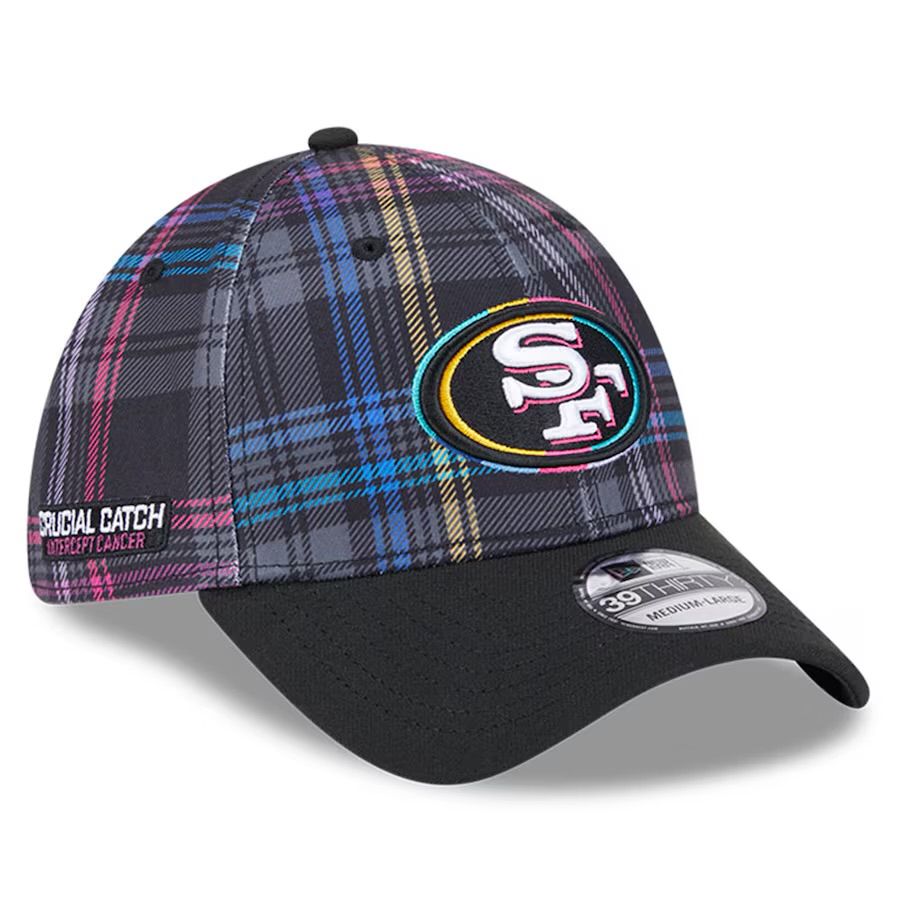 San Francisco 49ers Men's New Era Black 2024 NFL Crucial Catch Plaid 39THIRTY Flex Hat