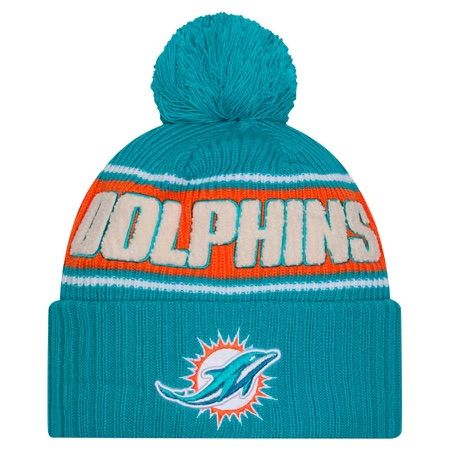 Miami Dolphins Youth Aqua 2024 New Era Sideline Cuffed Pom Knit Hat