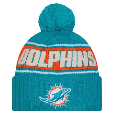 Miami Dolphins Youth Aqua 2024 New Era Sideline Cuffed Pom Knit Hat