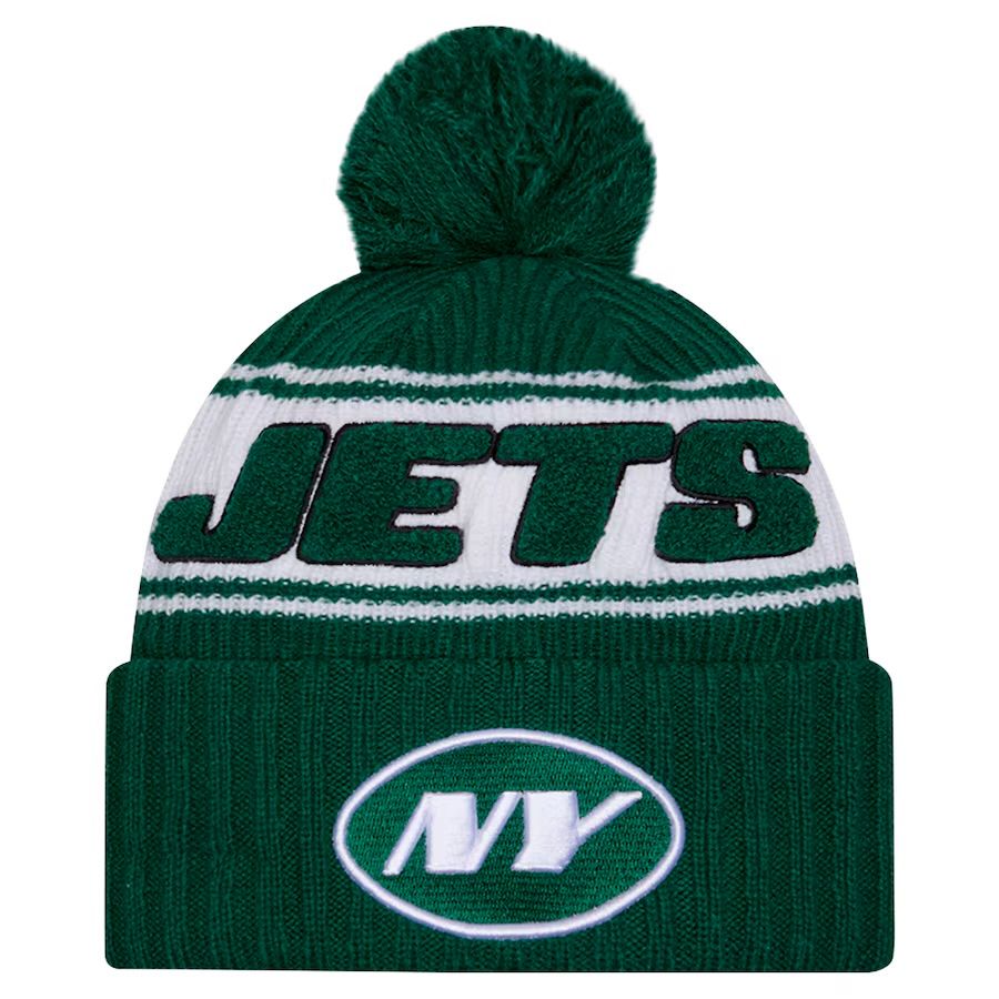 New York Jets Men’s Green 2024 New Era Sideline Cuffed Pom Knit Hat