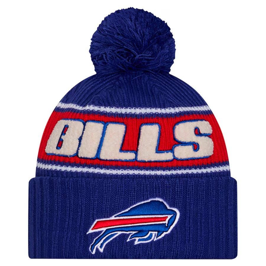 Buffalo Bills Men’s Blue 2024 New Era Sideline Cuffed Pom Knit Hat