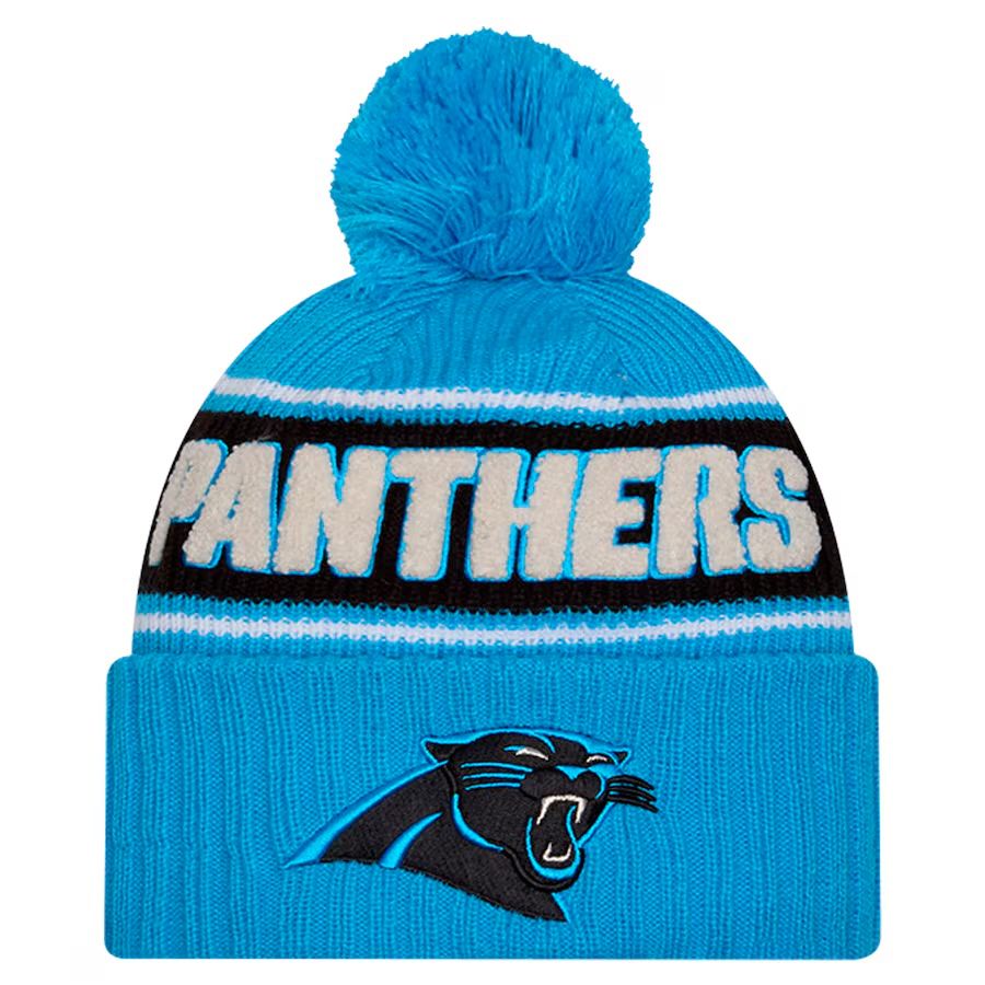 Carolina Panthers Men’s Blue 2024 New Era Sideline Cuffed Pom Knit Hat