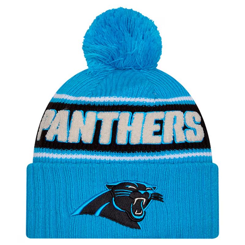 Carolina Panthers Men’s Blue 2024 New Era Sideline Cuffed Pom Knit Hat