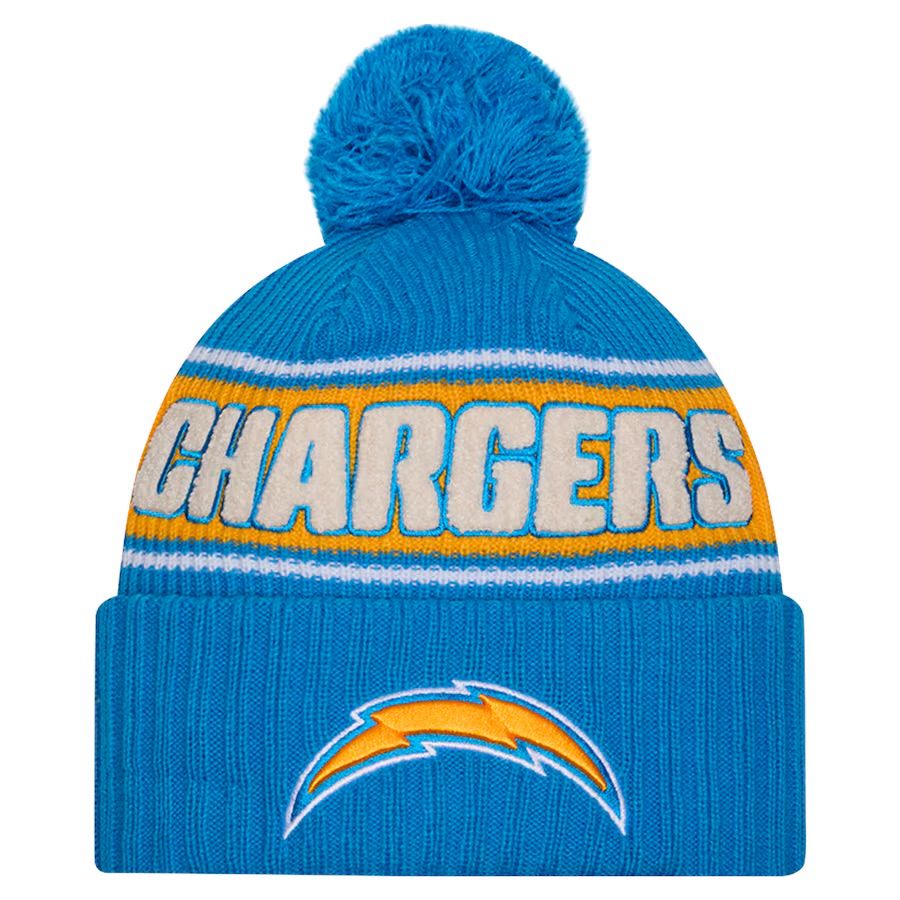 Los Angeles Chargers Men’s Powder Blue 2024 New Era Sideline Cuffed Pom Knit Hat