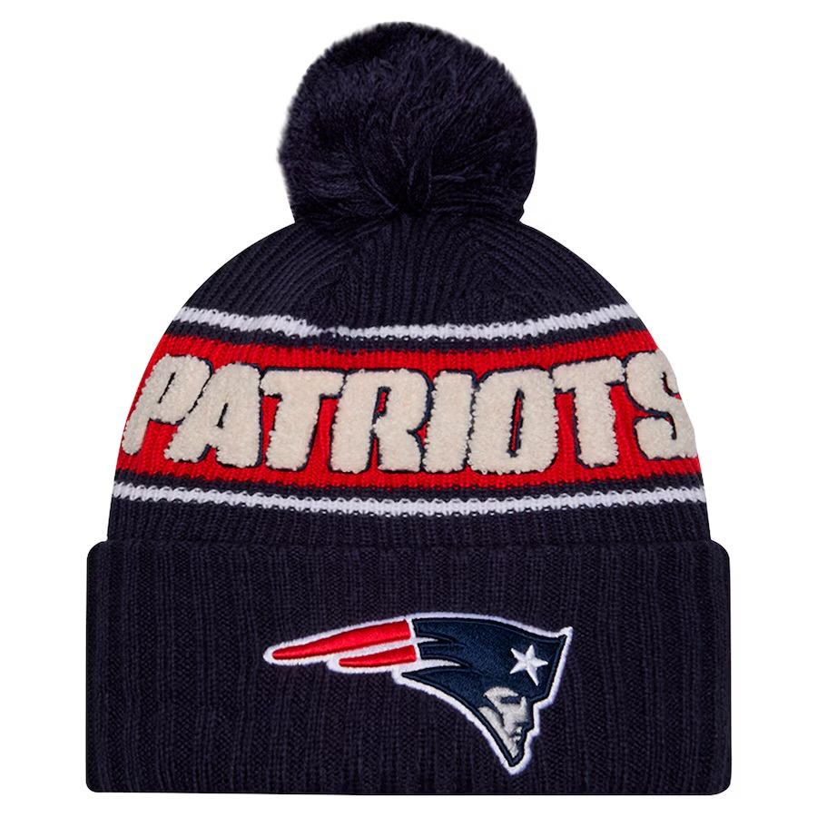 New England Patriots Men’s Blue 2024 New Era Sideline Cuffed Pom Knit Hat