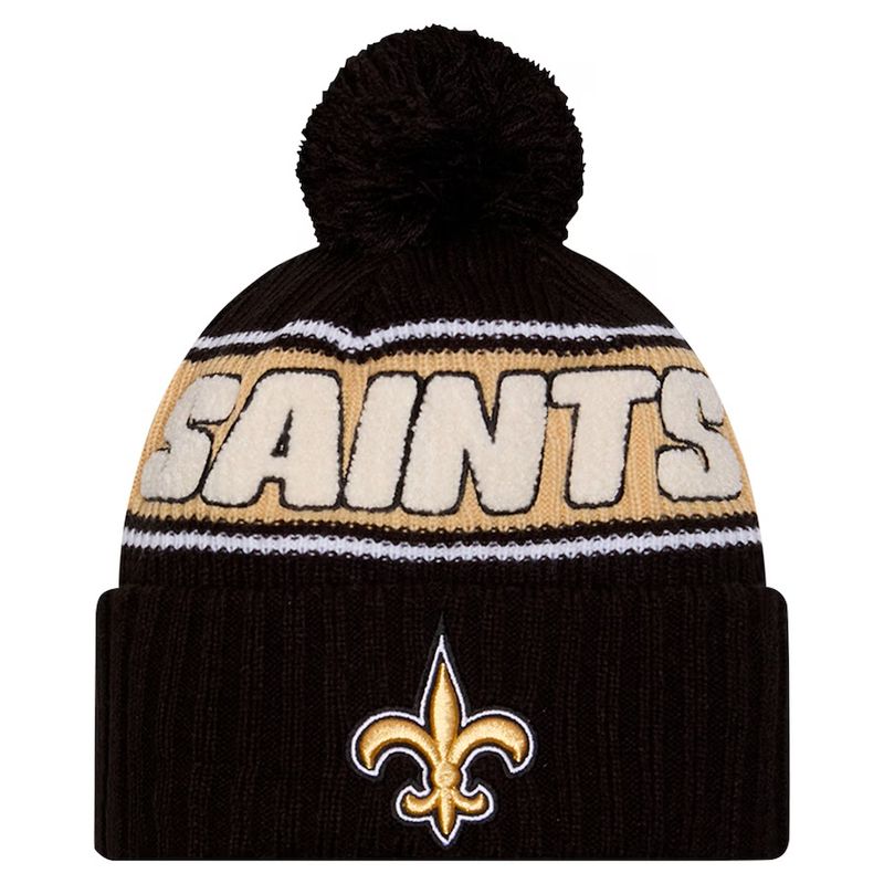 New Orleans Saints Men’s Black 2024 New Era Sideline Cuffed Pom Knit Hat