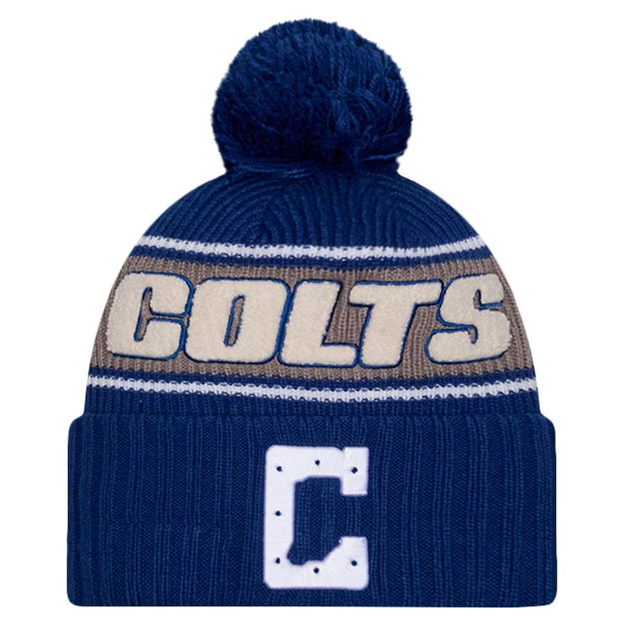 Indianapolis Colts Men’s Blue 2024 New Era Sideline Cuffed Pom Knit Hat