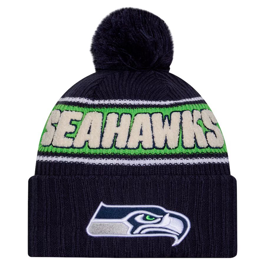 Seattle Seahawks Men’s Blue 2024 New Era Sideline Cuffed Pom Knit Hat