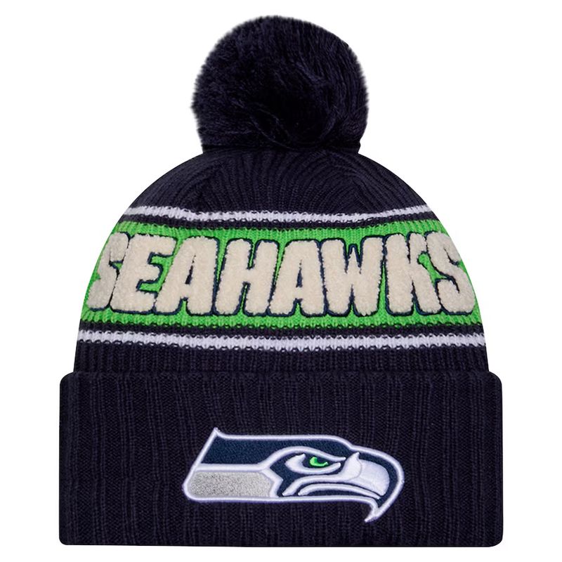 Seattle Seahawks Men’s Blue 2024 New Era Sideline Cuffed Pom Knit Hat