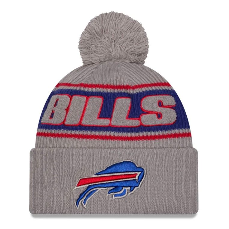 Buffalo Bills Men’s Gray 2024 New Era Sideline Cuffed Pom Knit Hat