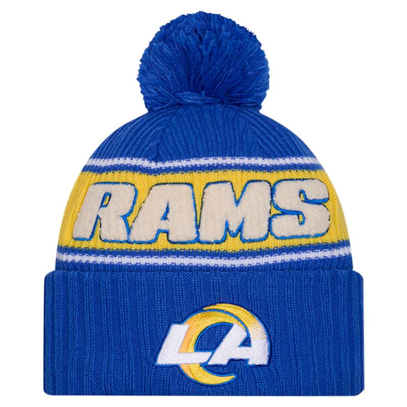 Los Angeles Rams Men’s Blue 2024 New Era Sideline Cuffed Pom Knit Hat
