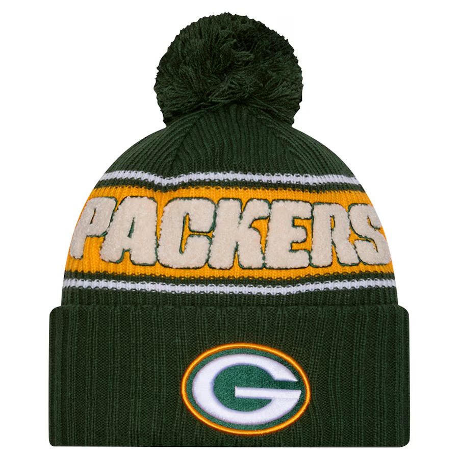 Green Bay Packers Child Green 2024 New Era Sideline Cuffed Pom Knit Hat