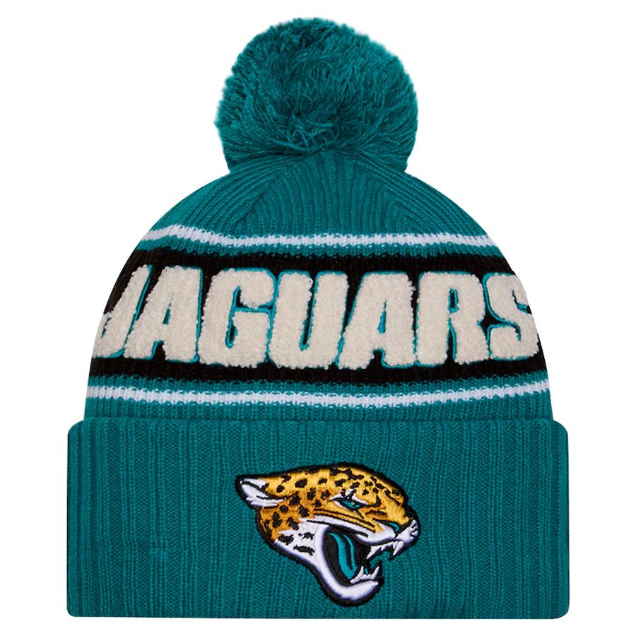 Jacksonville Jaguars Youth Teal 2024 New Era Sideline Cuffed Pom Knit Hat