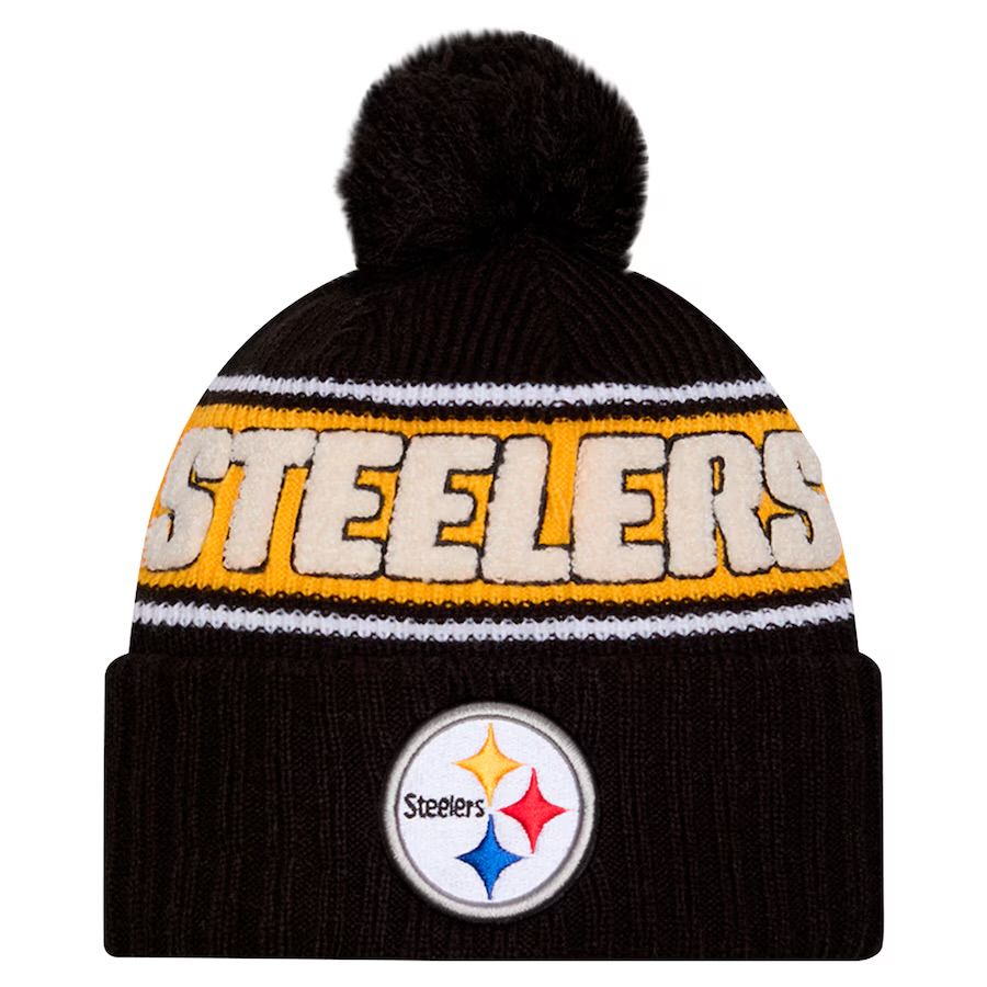 Pittsburgh Steelers Youth Black 2024 New Era Sideline Cuffed Pom Knit Hat