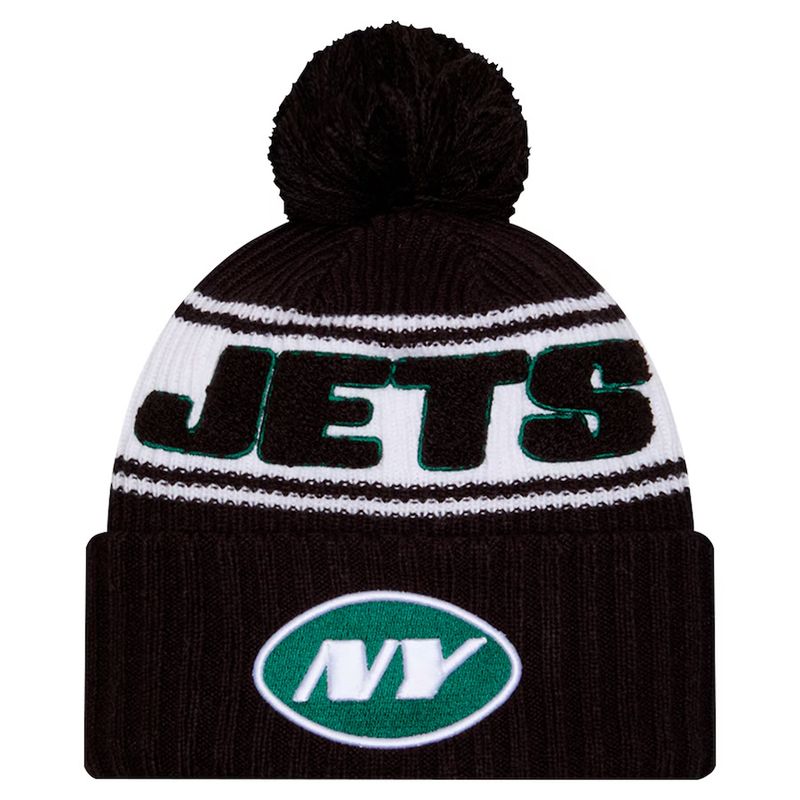 New York Jets Men’s Black 2024 New Era Sideline Cuffed Pom Knit Hat