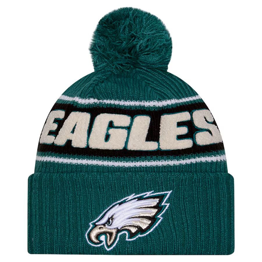 Philadelphia Eagles Child Green 2024 New Era Sideline Cuffed Pom Knit Hat
