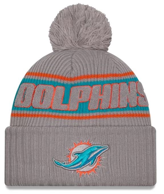 Miami Dolphins Men’s Gray 2024 New Era Sideline Cuffed Pom Knit Hat