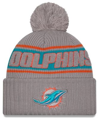 Miami Dolphins Men’s Gray 2024 New Era Sideline Cuffed Pom Knit Hat