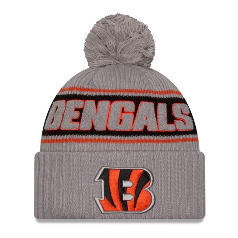 Cincinnati Bengals Men’s Gray 2024 New Era Sideline Cuffed Pom Knit Hat Cincinnati Bengals Men’s Gray 2024 New Era Sideline Cuffed Pom Knit Hat