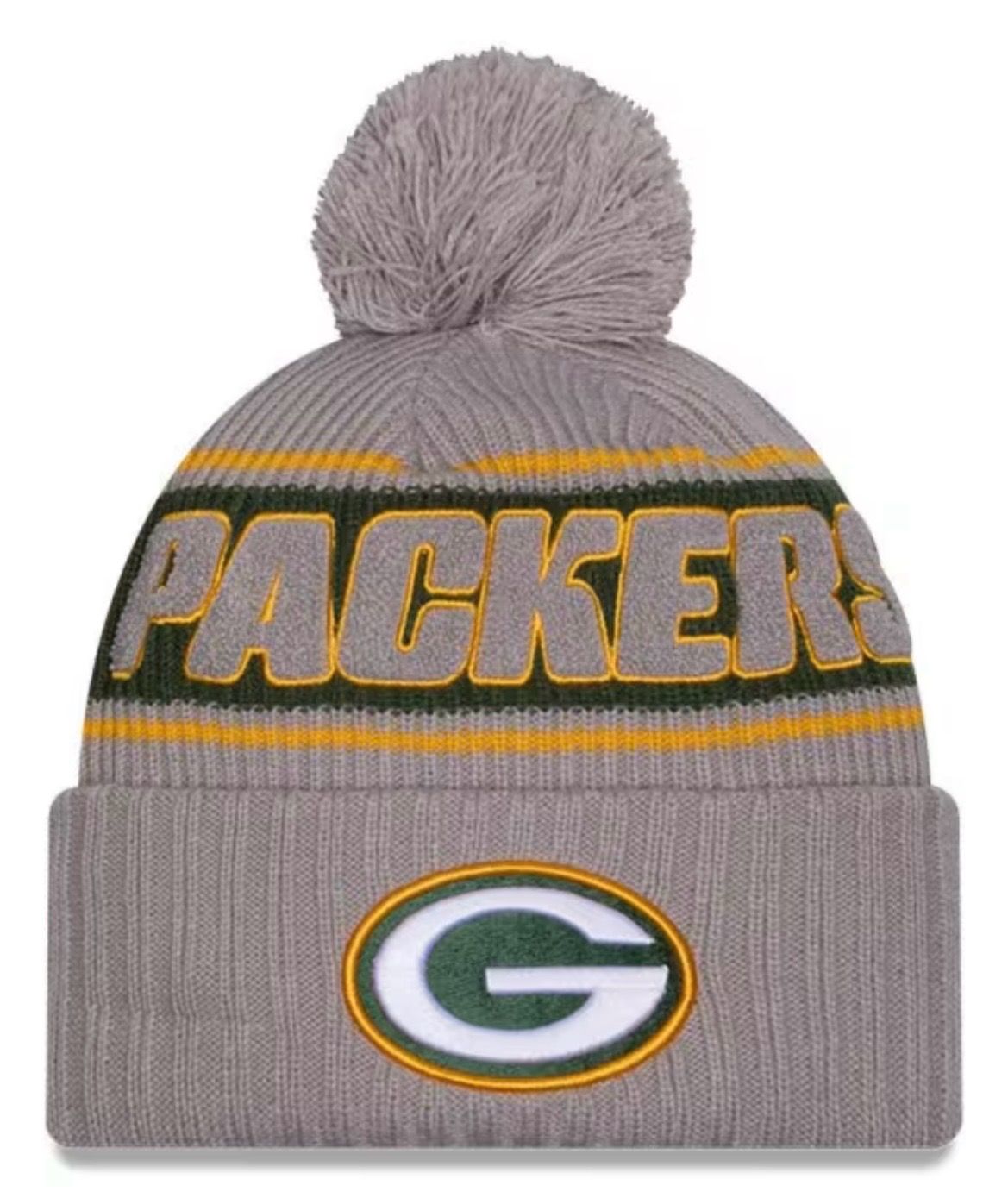 Green Bay Packers Men’s Gray 2024 New Era Sideline Cuffed Pom Knit Hat