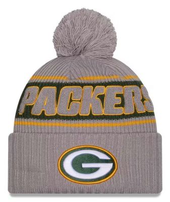 Green Bay Packers Men’s Gray 2024 New Era Sideline Cuffed Pom Knit Hat