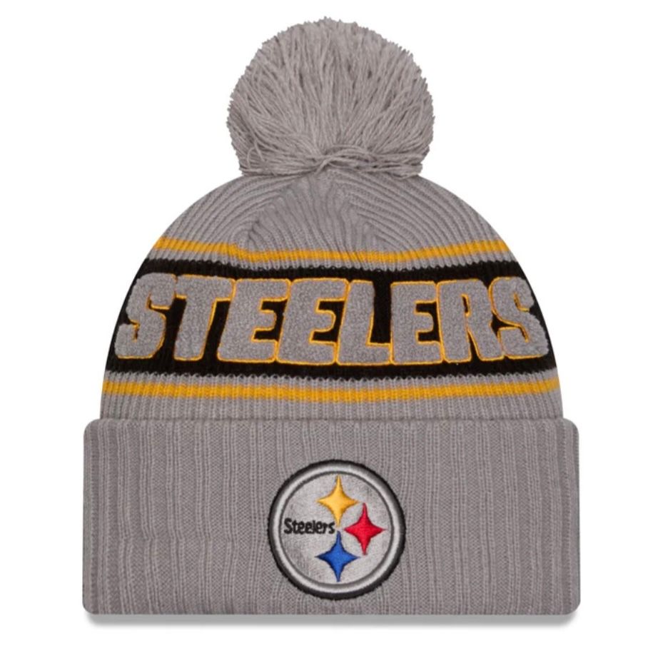 Pittsburgh Steelers Men’s Gray 2024 New Era Sideline Cuffed Pom Knit Hat