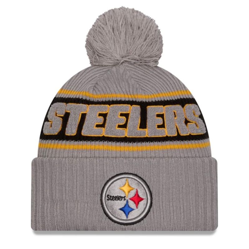 Pittsburgh Steelers Men’s Gray 2024 New Era Sideline Cuffed Pom Knit Hat