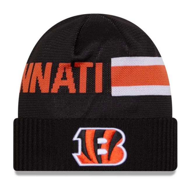Cincinnati Bengals Men's Black 2024 New Era Sideline Tech Cuffed Knit Hat Cincinnati Bengals Men's Black 2024 New Era Sideline Tech Cuffed Knit Hat