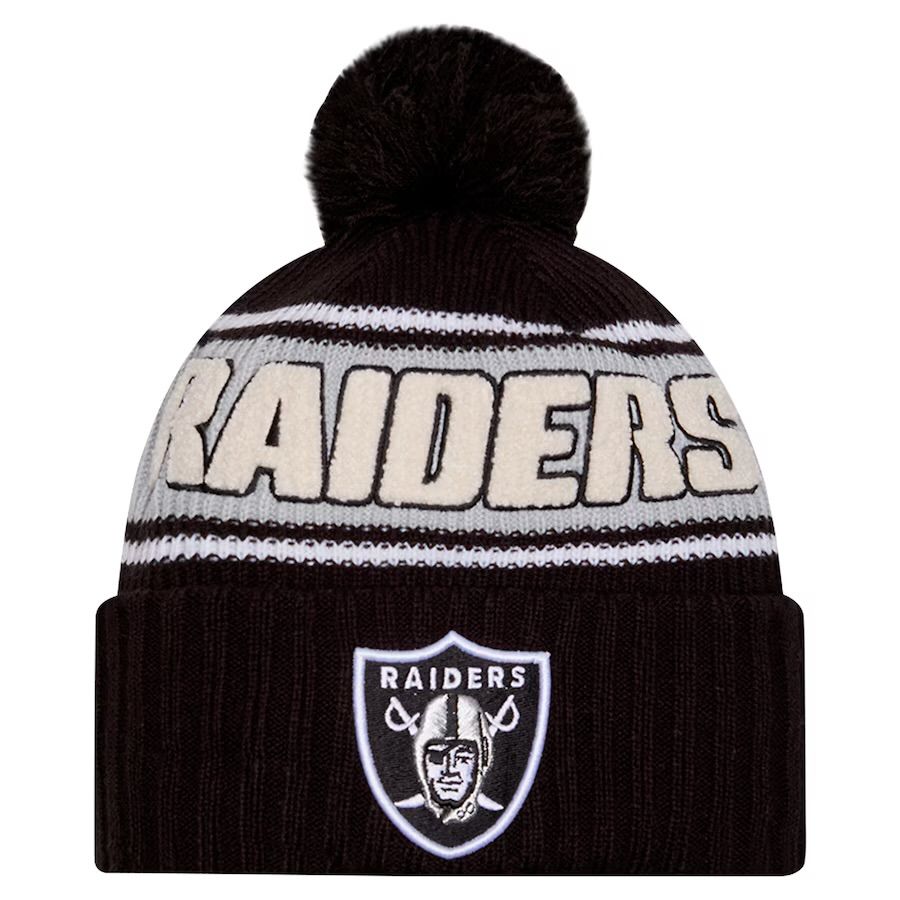 Las Vegas Raiders Men’s Black 2024 New Era Sideline Cuffed Pom Knit Hat