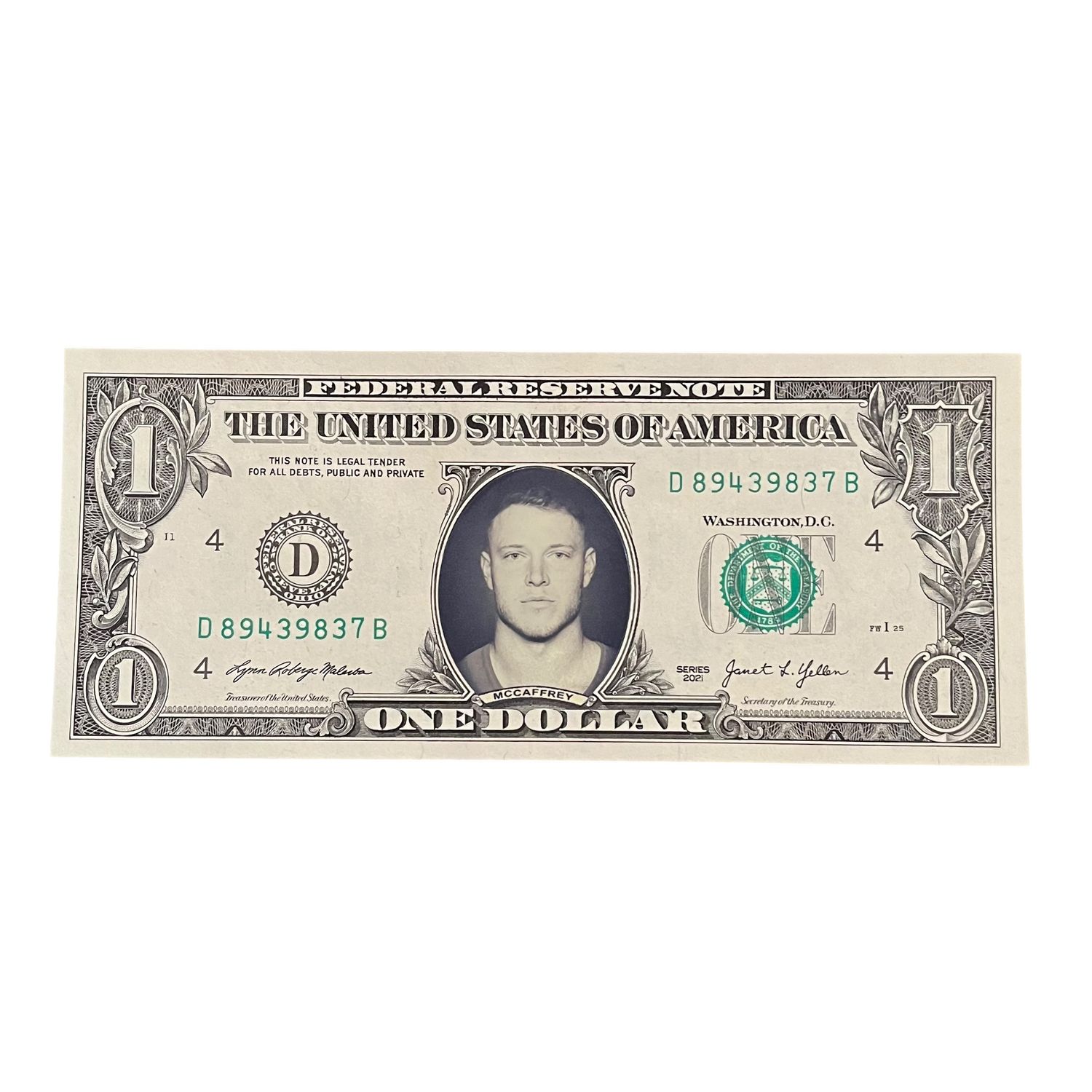 Christian McCaffrey Famous Face Dollar Bill