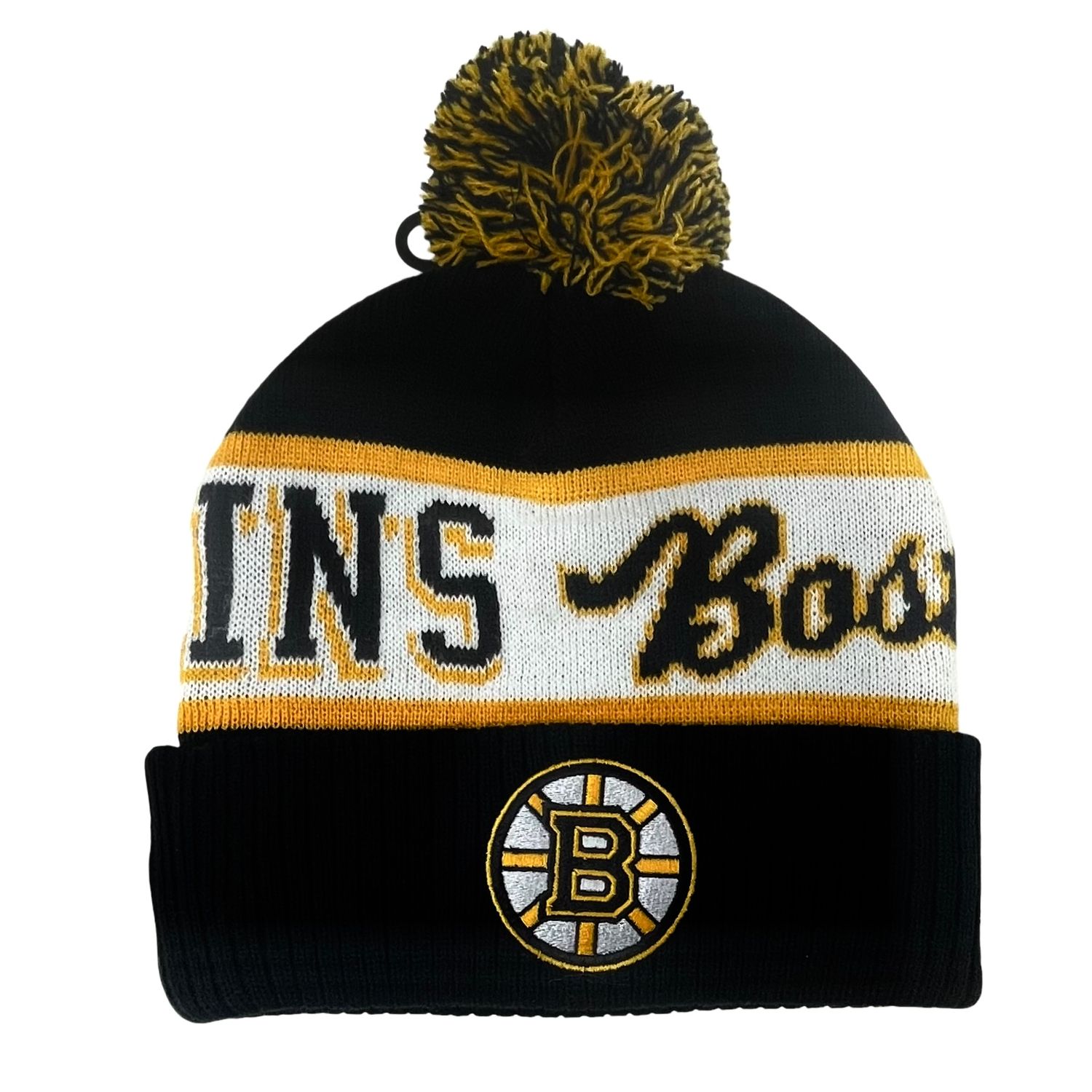 Boston Bruins Men’s NHL Block Sweep Mitchell & Ness Cuffed Pom Knit Hat