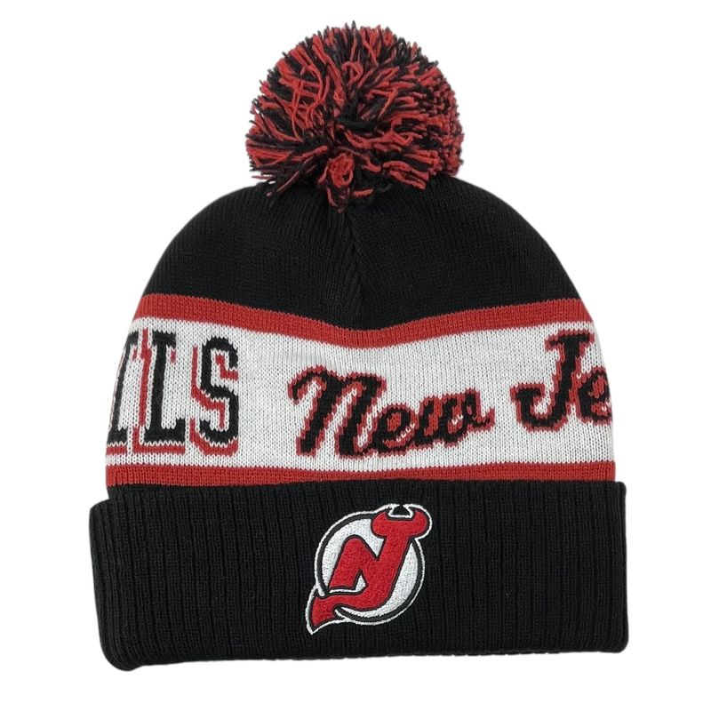 New Jersey Devils Men’s NHL Block Sweep Mitchell & Ness Cuffed Pom Knit Hat