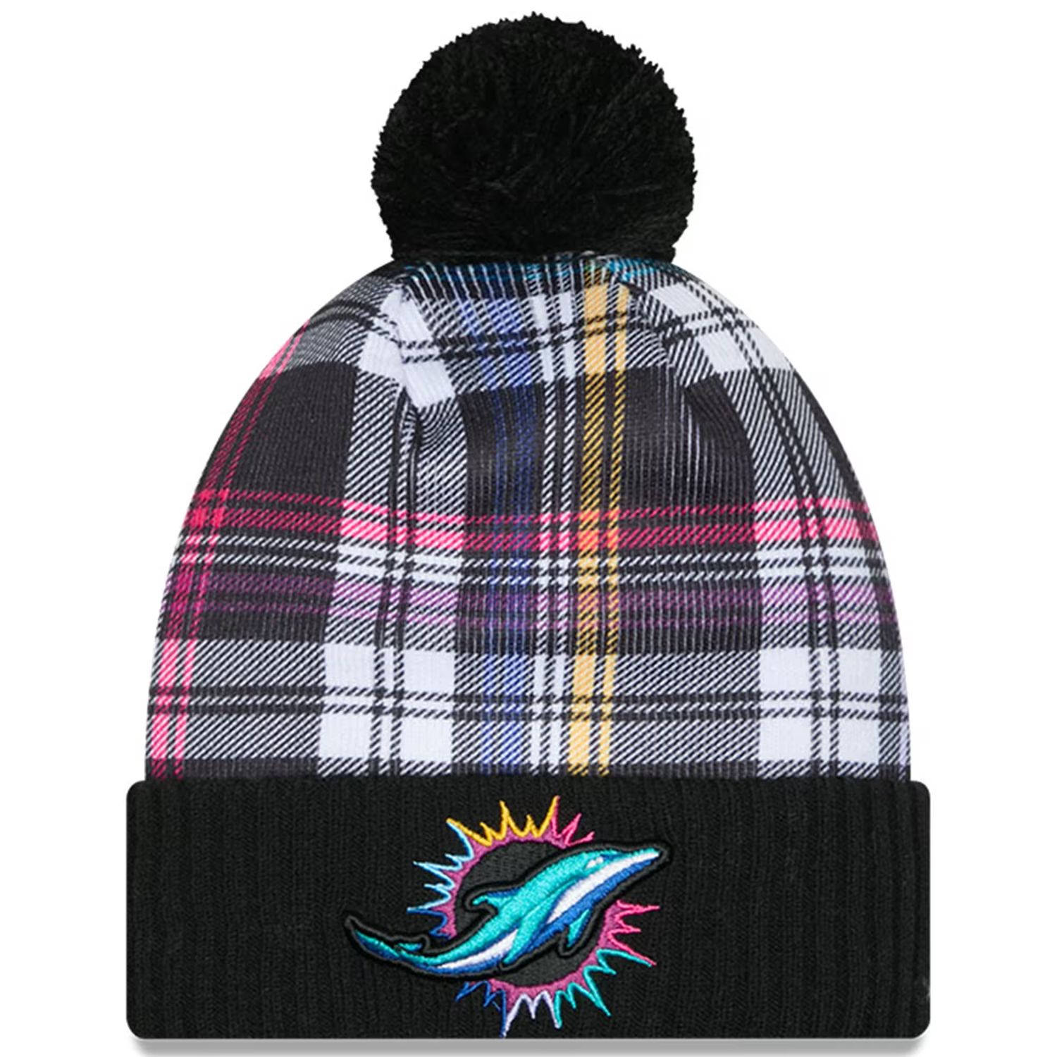 Miami Dolphins Men’s Black New Era 2024 NFL Crucial Catch Cuffed Pom Knit Hat