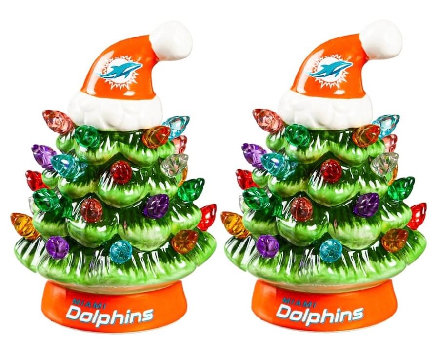Miami Dolphins 4" Ceramic LED Christmas Trees Set of 2