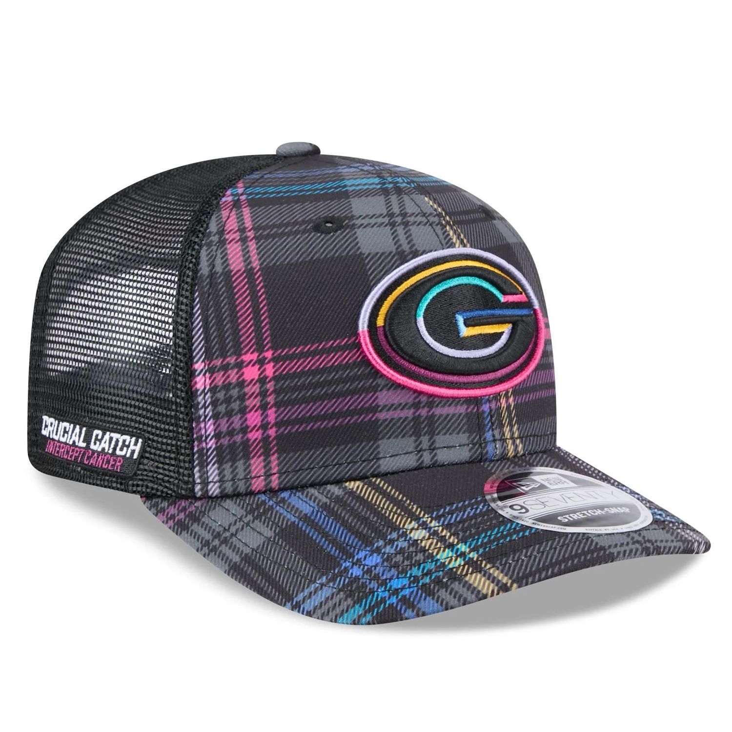 Green Bay Packers Men’s New Era Black 2024 NFL Crucial Catch Plaid 9SEVENTY Trucker Snapback Hat