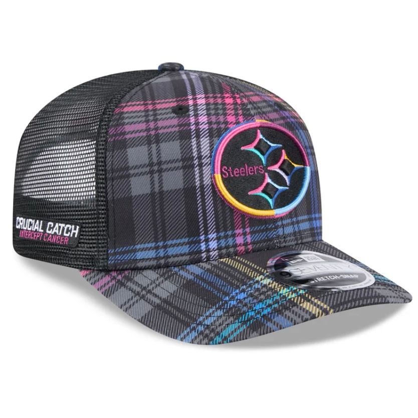 Pittsburgh Steelers Men’s New Era Black 2024 NFL Crucial Catch Plaid 9SEVENTY Trucker Snapback Hat