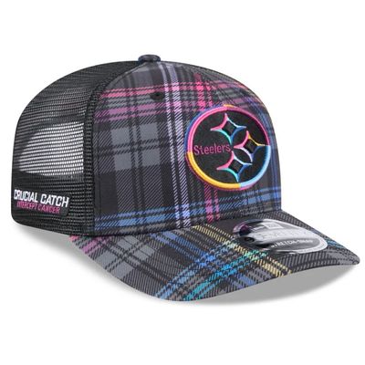 Pittsburgh Steelers Men’s New Era Black 2024 NFL Crucial Catch Plaid 9SEVENTY Trucker Snapback Hat