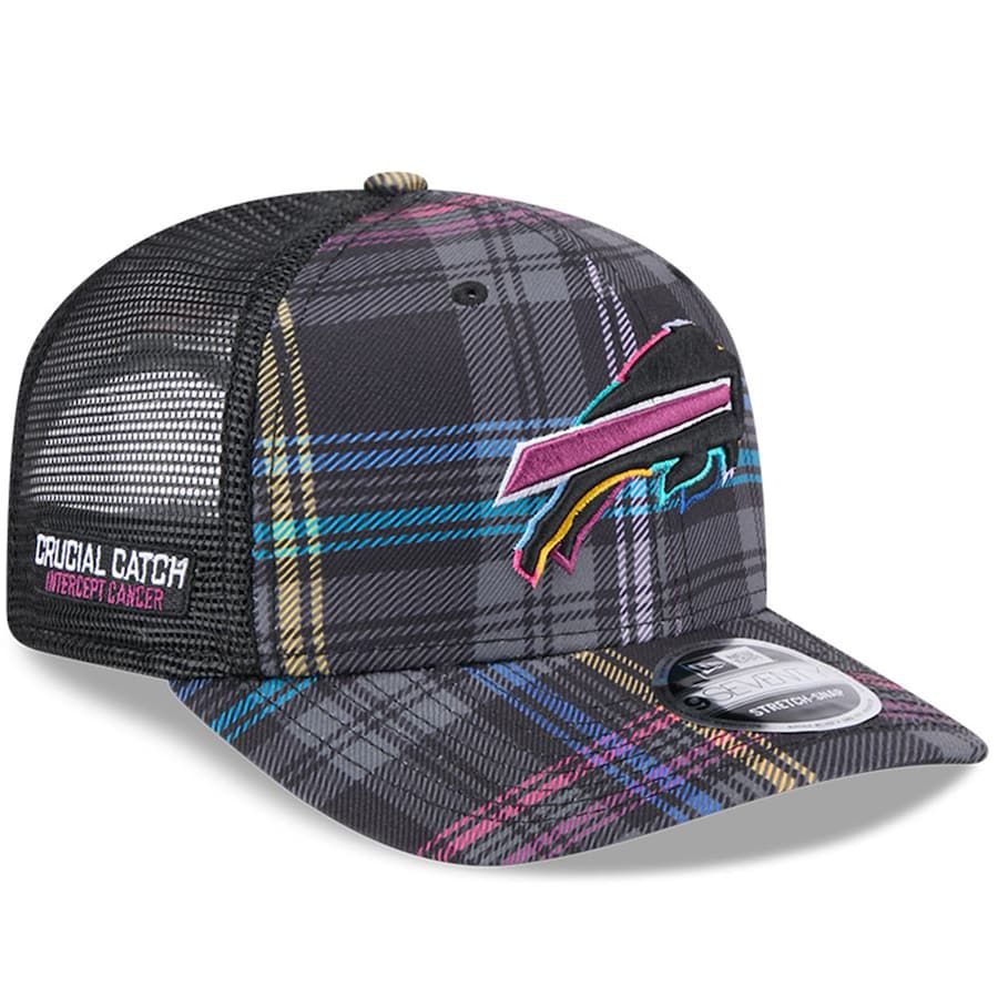 Buffalo Bills Men’s New Era Black 2024 NFL Crucial Catch Plaid 9SEVENTY Trucker Snapback Hat