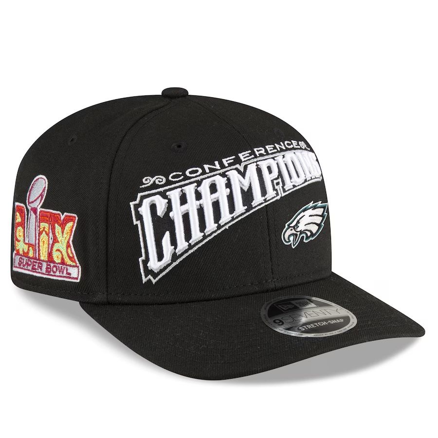 Philadelphia Eagles Men's Black New Era 2024 NFC Champions Locker Room Trophy Collection 9SEVENTY Stretch-Snap Hat