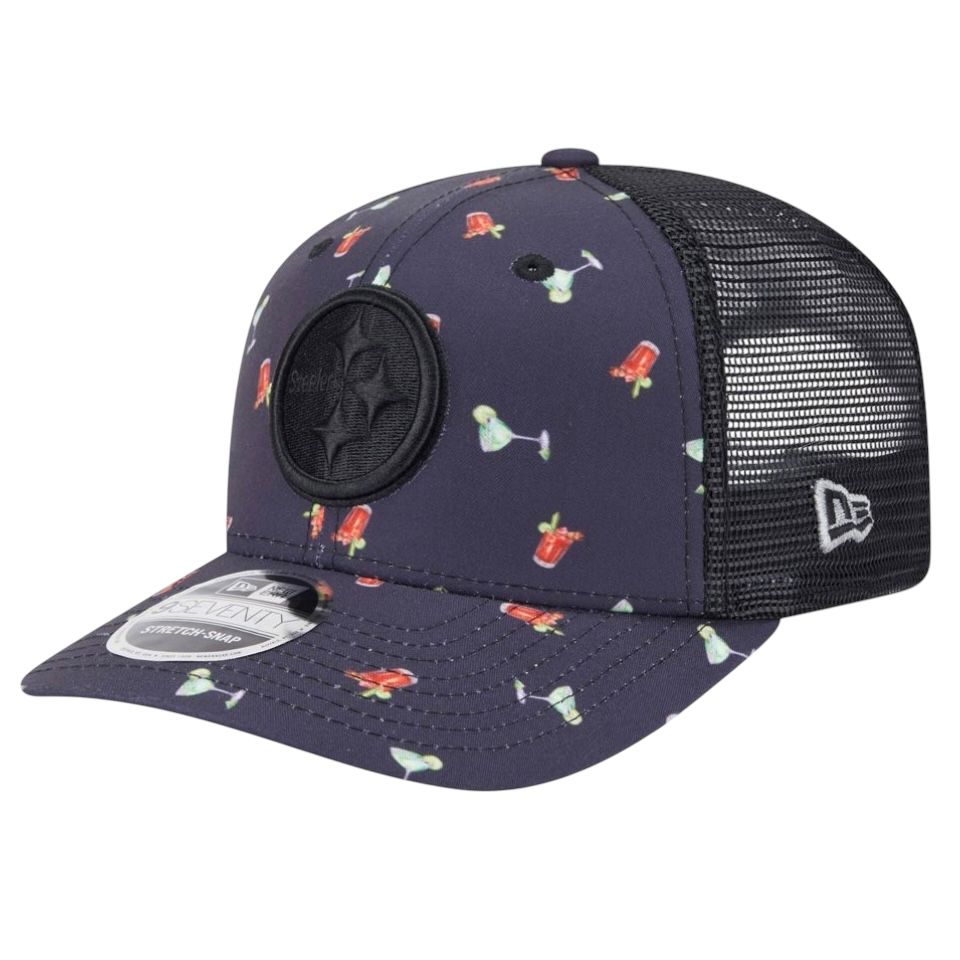 Pittsburgh Steelers Men’s New Era Black Cocktail Pattern 9SEVENTY Trucker Snapback Hat