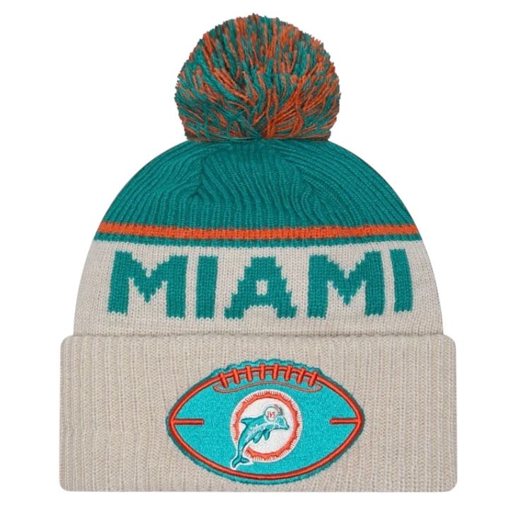 Miami Dolphins Men’s Historic Gray New Era 2024 Knit Pom Hat