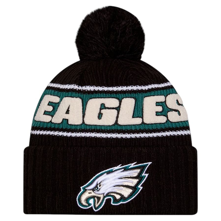 Philadelphia Eagles Youth Black 2024 New Era Sideline Cuffed Pom Knit Hat